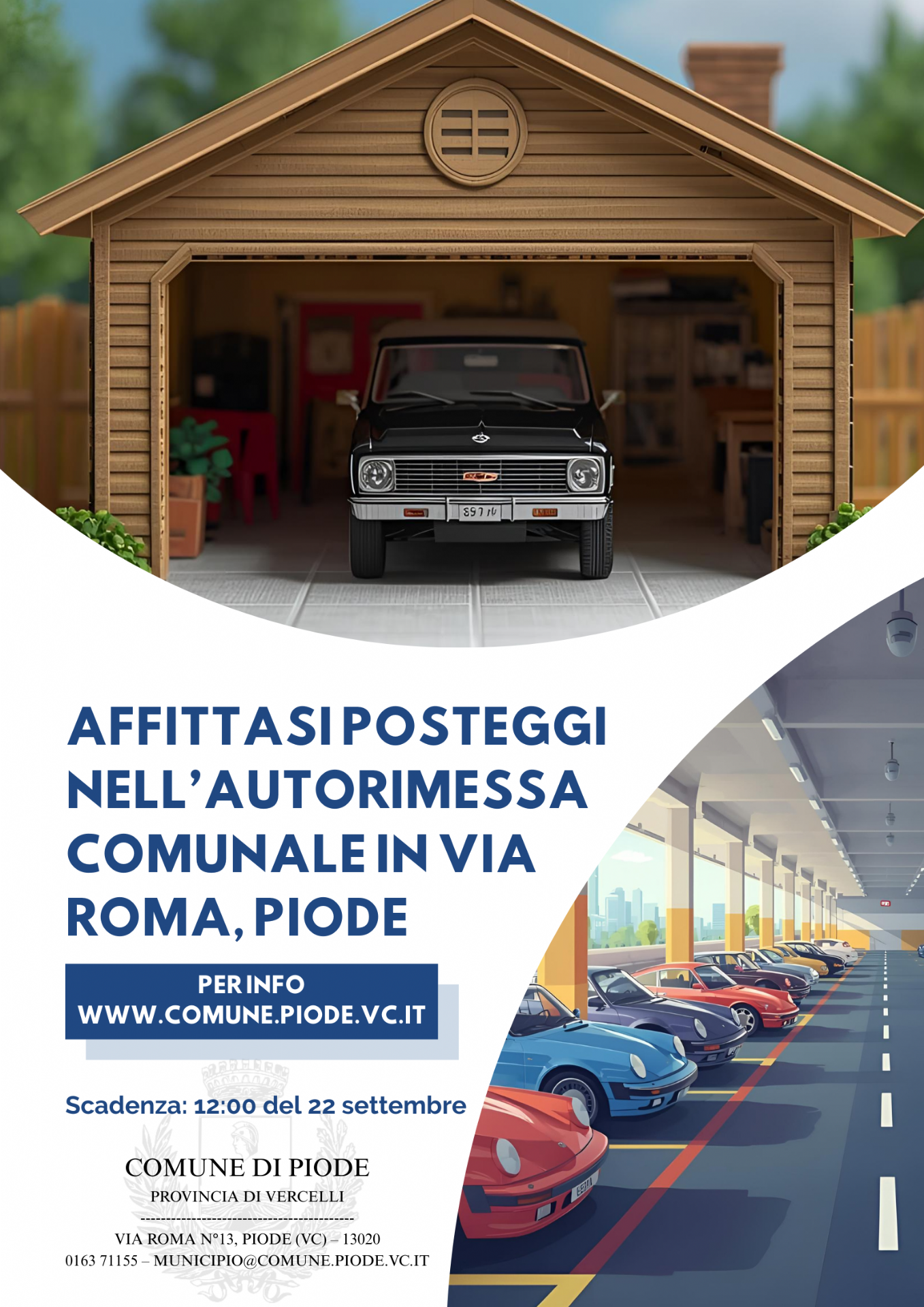 Locazione di n. otto posti auto e 1 posto moto o apecar presso il parcheggio di proprietà comunale coperto (immagine esemplificativa generata con IA)